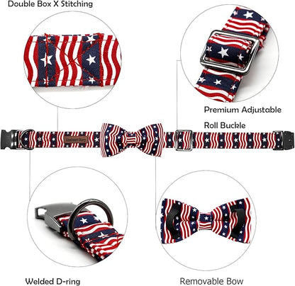 Lionheart glory American Flag Dog Collar, 4 of July Dog Bow Collar Heavy Duty Adjustable Patriotic Dog Collar with Bowtie for Large Dogs Pet Gift
