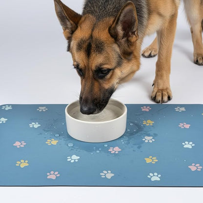 Pet Feeding Mat Absorbent Dog Mat for Food and Water Non Slip Quick Dry Dog Bowl Mats for Floors 27" X 17" Paw Lake Blue