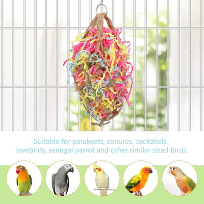 Wontee Bird Jute Paper Strips Parrot Mesh Bag Hanging Chewing Toy for Parakeet Cockatiel Conure Cockatoo African Grey Macaw