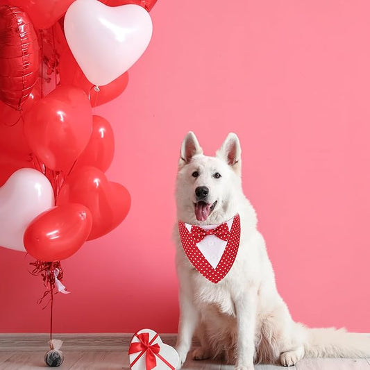 ADOGGYGO Valentine Dog Tuxedo Bandana, Red Heart Pet Tux with Bowtie Adjustable Valentine Costume for Medium Large Dogs Pets (L)