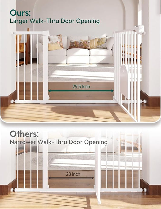 Babelio 36-56" Extra Wide Auto Close Baby Gate with Cat Door, Pet Gate Indoor with Extra Wide Walk Thru Door, Metal Dog Gate for Doorway, Stairs, Includes 4 Wall Cups and 3 Extension Pieces, White