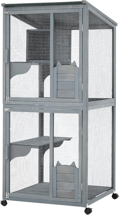 69-Inch Catio, Wooden Cat Enclosure, 4-Tier Cat House w/Waterproof Roof, Removable Tray, Nesting Box and Lockable Caster, Indoor and Outdoor Use, Easy to Clean, Multiple Accesses, Grey