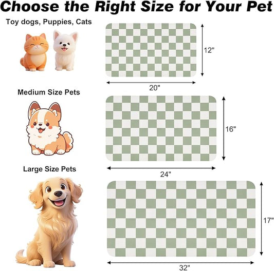 Checkered Dog Food Mat, Absorbent Leak-Proof Pet Feeding Mat, Quick Dry Cat Food Mat for Messy Drinkers 16" x 24" Green
