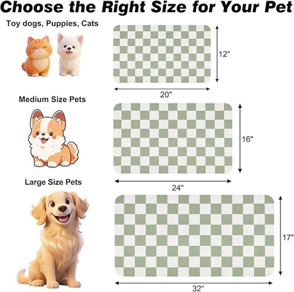 Checkered Dog Food Mat, Absorbent Leak-Proof Pet Feeding Mat, Quick Dry Cat Food Mat for Messy Drinkers 17" x 32" Green