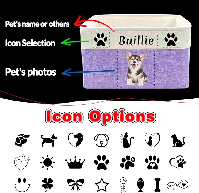Personalized Dog Toy Storage Basket Custom Dog Name Photo Cat Pet's Gift Baskets Collapsible Organizer Box Foldable Storage Basket with Handle for Toys, Coats, Clothing, Blankets, Brown