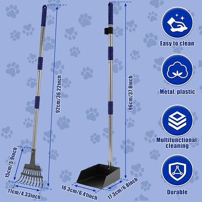 Pooper Scooper for Dogs, Dog Pooper Scooper Long Handle, Height Adjustable Pet Pooper Scooper, Poop Scoop Shovel, Detachable Rake and Tray Set Pet Waste Removal on Grass Dirt and Gravel