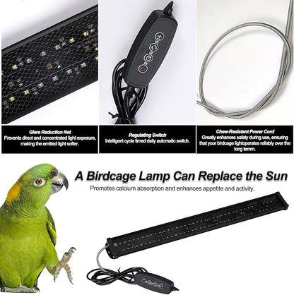 Bird Light for Cage,Full Spectrum LED Birdcage Lighting,Bird Lamp with Intelligent Cycle Timing,Natural Sunlight Simulation,Chew-Proof Design,Bird Cage Accessories for Captive Birds Parrots(22" Long)