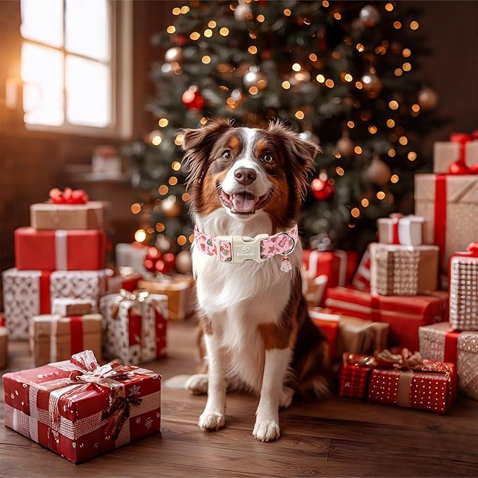 Christmas Dog Collar - Cute Pink Cozy Christmas Puppy Collar with Safety Buckle, Soft Adjustable Holiday Dog Collars for Small Medium Large Dogs XL