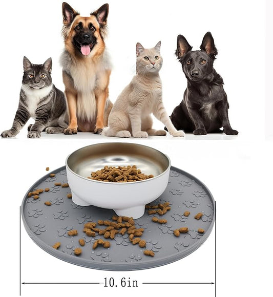 Silicone pet Food mat, Dog Food and Water mat, Raised Edge Rubber mat for Dog Bowls, Prevents Food and Water from staining Floors, Suitable for Small and Medium Pets，10.6'' (Gray - Odorless)