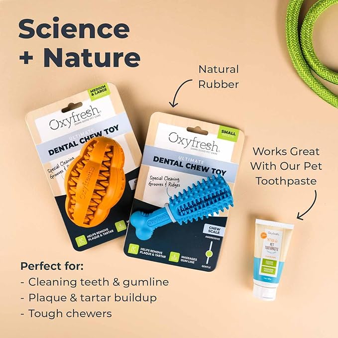 Oxyfresh Dog Dental Chew Toy - Best Dog Teeth Cleaning Toy – A Simple Bite and Brush Toy That Helps Remove Plaque, Cleans Teeth & Freshens Breath Without Brushing - Large
