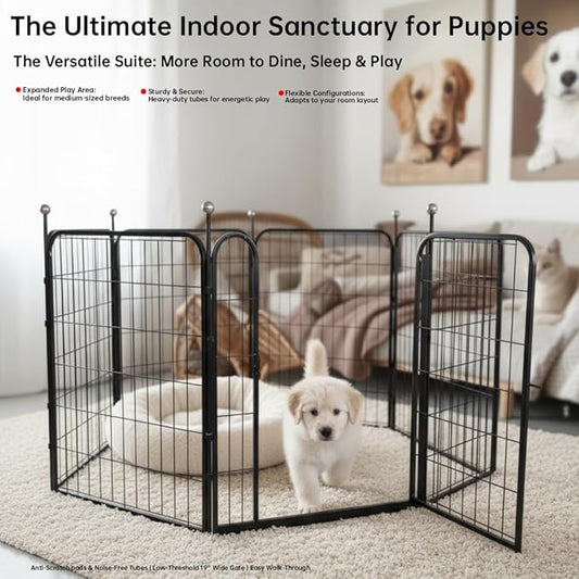 Dog Playpen Indoor/Outdoor,32'' Portable Dog Crates with Easy-Carry Straps,6 Panels Dog Pen Play Pen for Small/Medium Dogs,Rustproof Metal Pet Playpen for Camping RV Yard (with One Door)