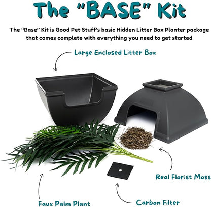 Good Pet Stuff Hidden Litter Box Planter, Decorative Cat Litter Enclosure with Carbon Filter, Artificial Plant, Easy Clean, Indoor Design, Courtyard Square Style, Base Kit, Black Suede