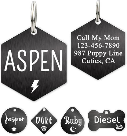 Ultra Joys Personalized Custom Dog ID Tag - Brushed Stainless Steel Hexagon, Black, Small