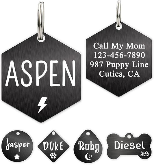 Ultra Joys Custom Personalized Dog ID Tag - Brushed Stainless Steel Hexagon Black Large
