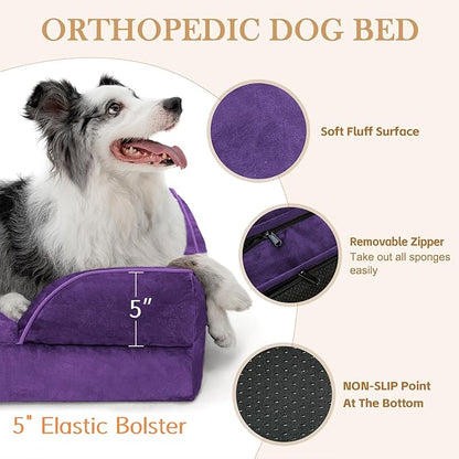 Comfort Expression Orthopedic Dog Bed for Large Dogs 36x27 Inch, Waterproof Egg Crate Foam Large Pet Bed with Removable Bolsters, Dog Couch with Washable Cover & Non-Slip Bottom, Deep Purple