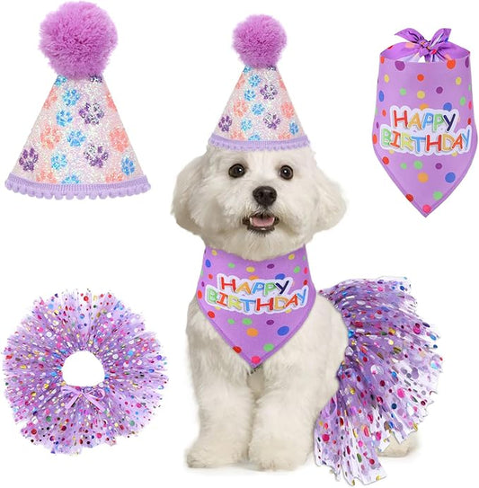 Dog Birthday Bandana with Hat and Dress Girl Set Puppy Birthday Party Supplies Cute Tutu Skirt Outfit for Small Medium Large Dogs Decorations(Purple) (Light Purple)
