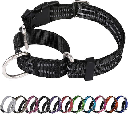 Martingale Dog Collar, Adjustable Nylon Reflective Collar with Quick Release Buckle (Black, Extra Large)