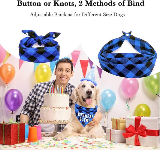 AnF Birthday Plaid Dog Bandana and Triangle Dog Scarf - Soft Cotton, Dual Layer, Washable Bandanas with Adjustable Button for Girls & Boys - Small to X-Large Dogs