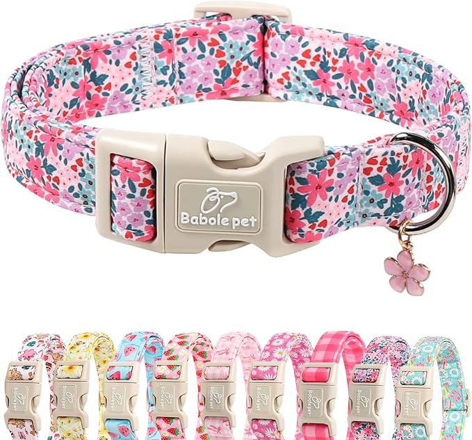 Floral Dog Collar, Cute Girl Dog Collars - Pastel Wildflowers Pattern Spring Summer Puppy Collar, Adjustable Female Dog Collars for Small Medium Large Dogs S