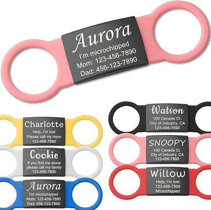 Anavia Slide On Silent Pet ID Tags, S/M/L/XL Personalized Black Stainless Steel Colored Silicone Cat Dog Name Tag, Customized Engraved Nameplate, Quiet Chew-Proof Pet Collar Tag (Pink, Large)