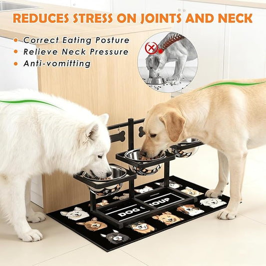Elevated Dog Bowls for Large Dogs, 6 Height Adjustable Raised Stand with Mat, Two Signature Cards and Three 1700ML Bowls, for Large Breed and Multi-Pet Households