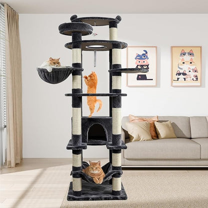 78.8" Large Cat Tree Tower for Indoor Kitties, Multi-Level Furniture Activity Center for Tall Cat Condo with Cozy Perches,Sisal Scratching Posts,Hammock and Basket (78.8 inch Dark Gray)
