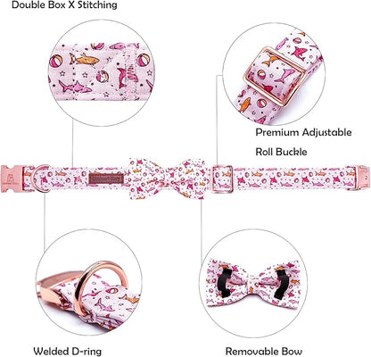 Lionheart glory Dog Collar Shark Print Dogs Bow Collar Adjustable Soft Pink Dog Collars Male or Female Summer Spring Collars with Bowtie for Small Dogs Puppy