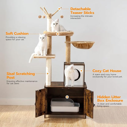 HOOBRO Cat Tree with Litter Box Enclosure for Indoor, Wooden Cat Condo with Scratching Posts, Hidden Litter Box Furniture, All-in-One Cat House, Rustic Brown FG15MZ03
