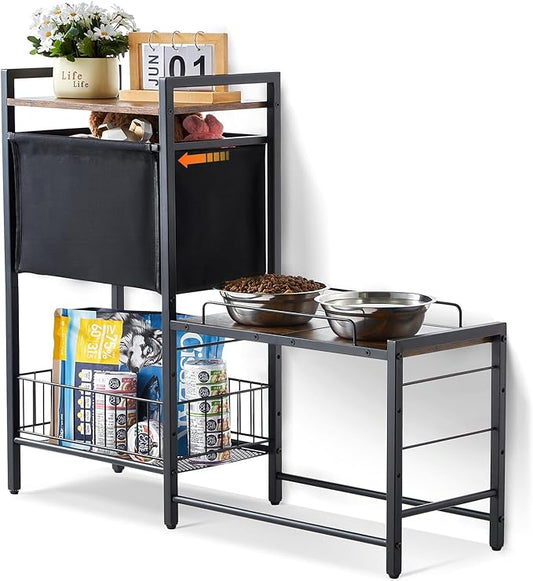 VEVOR Pet Feeding Station with Storage, 4 Height Adjustable Elevated Dog Bowl, Dog Bowls Stand with Toy Bin Basket, Raised Feeding Station Cabinet, Pet Storage Organizer for Large Medium Small Dogs