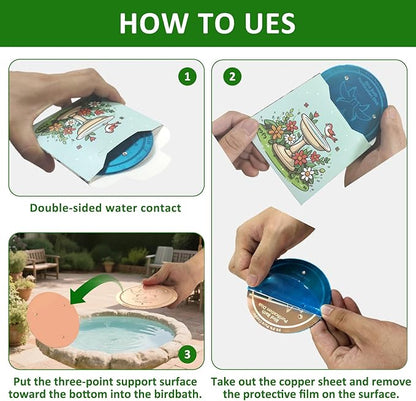 Bird Bath Copper Disk, 0.6mm Thick 99.99% Pure Copper Purification Disk with Triple-Point Support, Safe Physical Cleaning for Outdoor Birdbaths, Bowls, All-Season Universal Fit
