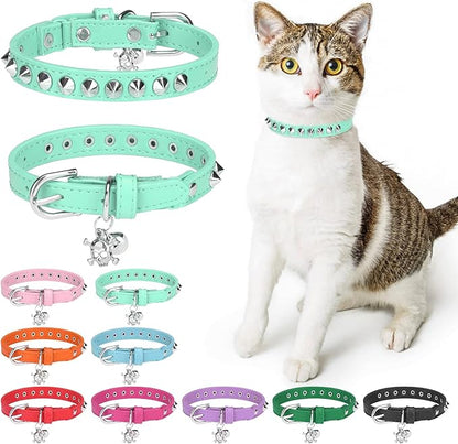 Leather Cat Collars for Boy Girl Cats with Bell and Safety Elastic Belt, Personalized Rivets Stud Adjustable Safe Buckle Collar with Skull Charm for Kitty Small Pets, Halloween Cat Collar