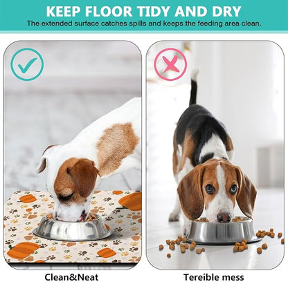 Fall Pumpkin Dog Food & Water Mat, Paw Prints Autumn Pet Feeding Mat for Floor Non-Slip Waterproof, Super Absorbent Cat Bowl Mat, Easy to Clean Eco-Friendly Durable Pet Placemat,24" × 32"