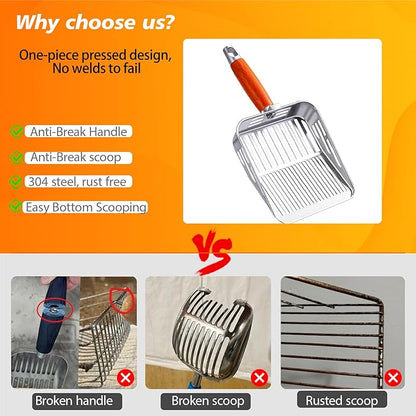 Rustproof & Unbreakable 304 Stainless Steel Metal Cat Litter Scoop with Holder Stand, One-Piece Pressed Design with No Welds, Easy Bottom Scooping, Reinforced Anti-Break Handle