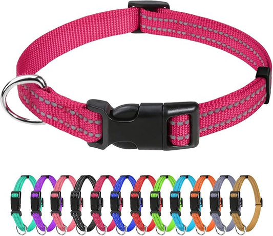 TagME Reflective Nylon Dog Collars, Adjustable Classic Pet Collar with Quick Release Buckle for Puppy, Hot Pink, 3/8" Width
