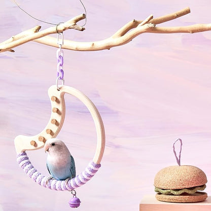 Natural Bird Swing - Tree-Shaped Parrot Perch with Bell and Cork Toys, Spinning Wooden Stand for Parakeets, Budgies, Lovebirds and Small/Medium Birds (White + Blue)