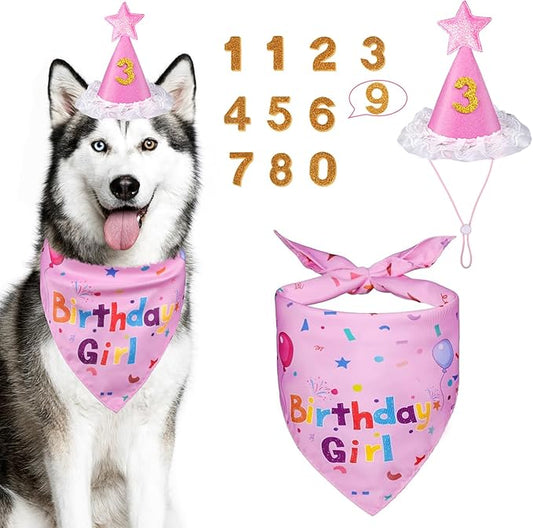 Dog Boy Girl Birthday Party Hat, Dog Birthday Party Supplies, Doggie Birthday Bandana Set with Numbers for Gaint and Extra Large Puppy (Pink)