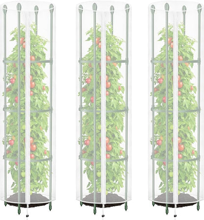 3 Pcs Round Tomato Cage Bird Netting Plant Cover, 59" x 15.7" Insect Bird Barrier Tomato Cage Protection Cover with Zipper & Drawstring for Protecting Tomatoes, Fruit, Trellis Plants