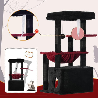 Heybly Cat Tree, Kitten Tower with Large Soft Cat Basket, Cat Condo with Spacious Cat Bed Cave with Hidden Space, Sisal-Covered Scratching Posts, Dangling Ball for Indoor Cats, Black and Red HCT008SBR