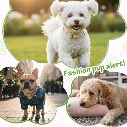 St. Patrick's Day Dog Collar,Pink Bow with Green Clover Puppy Collar,Adjustable Spring Cotton Collars Gifts for Small Medium Large Dogs,Dog Accessories L