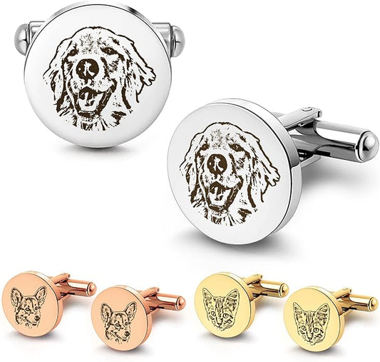 Anavia Pet Portrait & Handwriting Cufflinks Tie Clip Gift Box Set, Personalized Sketch Style Photo Engraving Men's Jewelry Accessories for Father Dad Brother Boyfriend Husband Wedding Birthday Gift