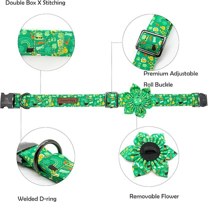 Lionheart glory St. Patrick's Day Dog Collar with Flower Dog Collars for X-Small Dogs, Heavy Duty Green Collars Bows Lucky Clover Shamrock Pet Collar Flower Puppy