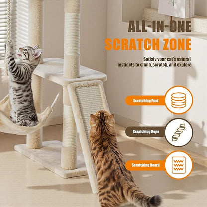 Sweetcrispy 63 inch Cat Tree Tower, Large Multi Level Cat Climbing Tower with Condo, Natural Sisal Scratching Posts, Extended Platform, Hammock, Pet House for Indoor Cats and Kittens Play, Beige