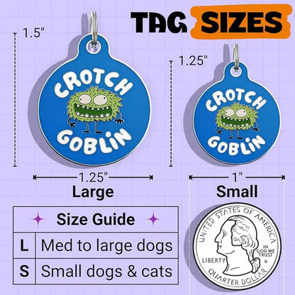 Bad Tags Personalized Dog and Cat ID Tags in 25+ Designs and 2 Sizes - 5 Lines of Custom Engraved Text - Funny Cute Personalized Pet Tags (Crotch Goblin, Large (1.25 inch))