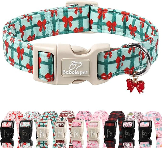 Christmas Dog Collar for Medium Dogs - Cute Festive Plaid with Red Bow Christmas Collars for Dogs, Soft Adjustable New Year Dog Collars with Quick Release Buckle M