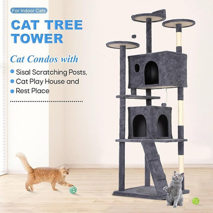 FDW | 81" Cat Tree Tower | Dark Gray | Multi-Level Indoor Activity Center with Sisal Scratching Posts, Condos, Plush Perches, Hanging Cat Toys | Sturdy, Easy to Assemble | for Kittens & Adult Cats