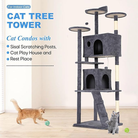 FDW | 81" Cat Tree Tower | Dark Gray | Multi-Level Indoor Activity Center with Sisal Scratching Posts, Condos, Plush Perches, Hanging Cat Toys | Sturdy, Easy to Assemble | for Kittens & Adult Cats