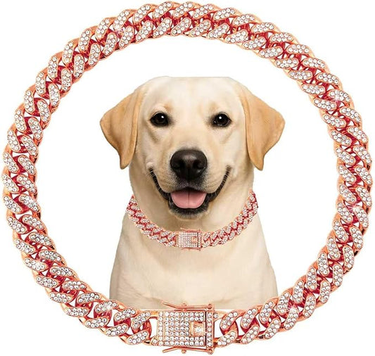 Dog Collar Cuban Link Rose Glod Crystal Dog Necklace Metal Chain Collar with Design Secure Buckle Pet Collar Jewelry Accessories for Small Medium Large Dogs Cats(Rose Glod 14inch)