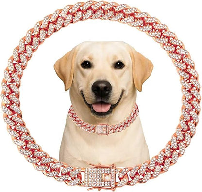 Cuban Link Dog Chain Collar Rose Gold Crystal Dog Necklace Metal with Design Secure Buckle Pet Collar Jewelry Accessories for Small Medium Large Dogs Cats(Rose Glod 22inch)