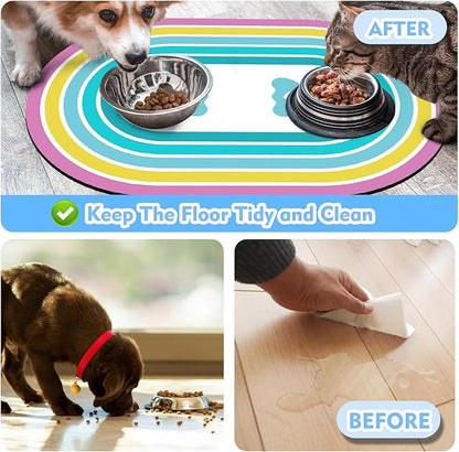 Cat Food Mat 24''x16'', Absorbent Cat Mats for Food and Water, Non-Slip Rubber Mat for Cats Bowls, Easy Store Pet Food Placemat, Mats for Under Cats Food Bowls, Fit with Kitchen, Living Room, Blue Paw