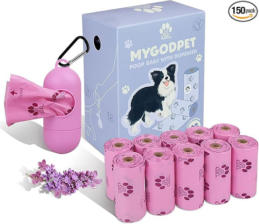 Dog Poop Bags Rolls with Dispenser 150 Count Biodegradable Bags for Dog and Cat Lavender Scented Waste Bag Leak Proof Doggie Poop Bag Doggy Trash Bag Purple